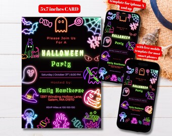 Editable Neon Glow Halloween Party Invitation Template, Printable Halloween Invitation, Neon Halloween Invite, Spooky Halloween Invitation