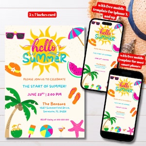 Plantilla editable de invitación para fiesta de verano, invitaciones imprimibles para fiesta de verano, invitación para fiesta de verano, invitación para fiesta de fin de curso