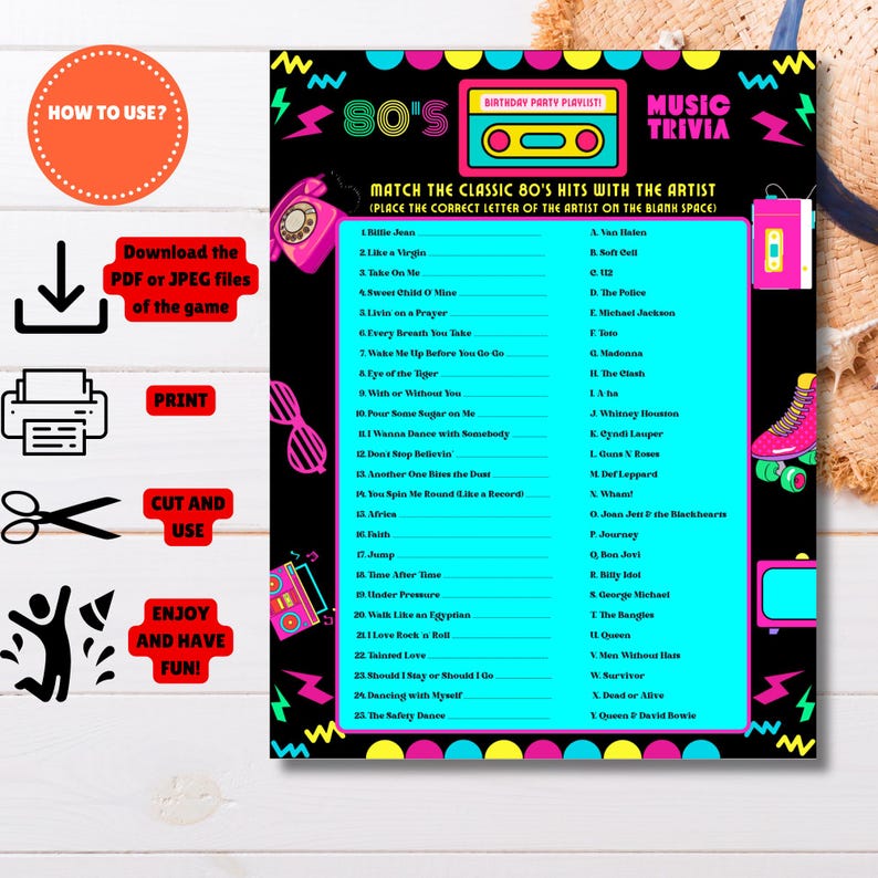 May include: A vibrant 80s-themed party game with a music trivia challenge. The game features a list of classic 80s hits and artists, along with instructions and graphics. The design includes a cassette tape, roller skate, and other retro elements.