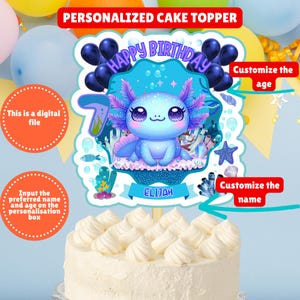 Personalized Blue Axolotl Birthday Cake Topper, Custom Cute Axolotl Lake Fish Bday Party Cake Decor, Blue Axolotl Birthday Party Topper