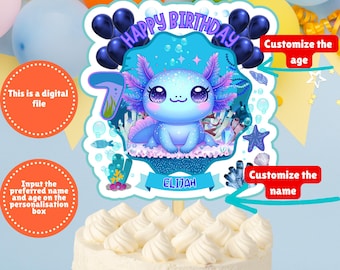 Personalisierter blauer Axolotl Geburtstags-Kuchendeckel, kundenspezifischer niedlicher Axolotl See Fisch Bday Party-Kuchendekor, blauer Axolotl-Geburtstags-Party-Topper