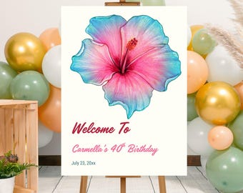 Editable Tropical Hibiscus Birthday Party Welcome Sign Template, Printable Tropical Floral Birthday Poster, Floral Summer Birthday Party