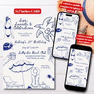 Editable Hand Drawn Blue Beach Birthday Party Invitation Template, Printable Summer Party Beach Bash Invite, Whimsical Birthday Ocean Party