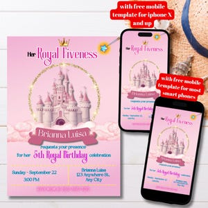 Modèle d'invitation modifiable Her Fiveness Royal, imprimable Royal Fiveness Bday invitation, invitation de fête de princesse, fête du château de princesse rose
