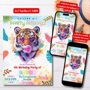 Modelo de convite de aniversário para festa de animais editável, convite de aniversário tema tigre selva para impressão, chamando todos os animais de festa cartão Canva 5x7