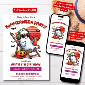 Editable Summerween Birthday Party Invitation Template, Printable Ghost Pool Party Invite, Ghost Summer Beach Party, Halloween in Summer