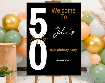 Plantilla editable de cartel de bienvenida minimalista para fiesta de cumpleaños número 50, póster imprimible para cumpleaños número 50, cartel de bienvenida para fiesta de cumpleaños número 50 en negro y dorado.