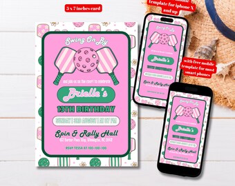 Bewerkbare roze en groene Pickleball-sjabloon voor verjaardagsfeestje, afdrukbare Pickleball-feestuitnodiging, swing op door Pickle Party Canva