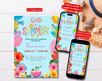 Plantilla editable de invitación para fiesta de verano, invitación imprimible para fiesta de fin de curso, fiesta de verano, último día de clases, inicio del verano