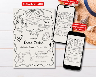 Editable Doodle Style Graduation Invitation Template, Printable Hand Drawn Graduation Party Invite, Whimsical Graduation Party Invitation