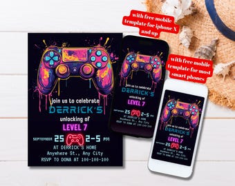 編集可能なゲーマー向けビデオゲーム誕生日招待状、編集可能なレベルアップ誕生日招待状、レベルアンロック誕生日招待状、ゲームコントローラー招待状