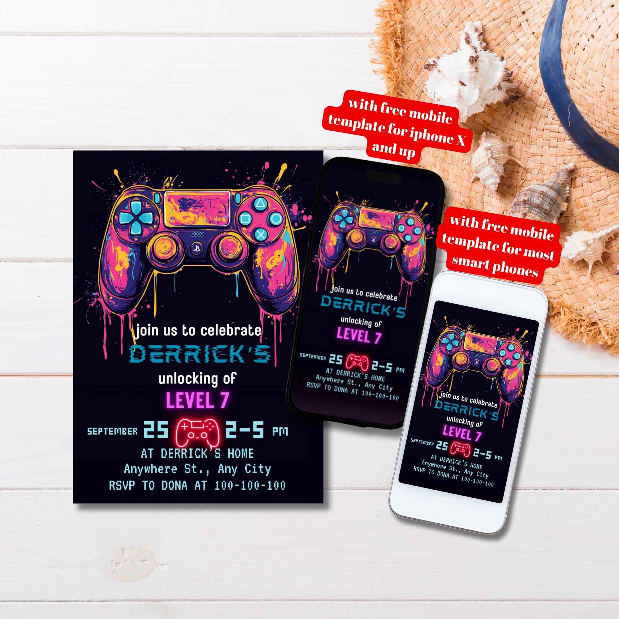 Controller Invites Editable Gamer Video Game Birthday Invitation, Editable Level up ...