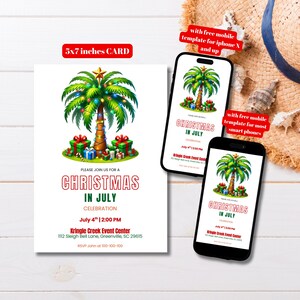 Bearbeitbare tropische Weihnachten im Juli Party Einladung Vorlage, druckbare Weihnachten Kokosnussbaum Juli Weihnachten einladen, Weihnachtssommer