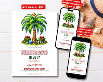 Editable Tropical Christmas in July Party Invitation Template, Printable Christmas Coconut Tree July Christmas Invite, Christmas Summer