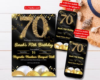 Editable Black and Gold Glittery 70th Birthday Invitation Template, Printable Black and Gold 70th Birthday Invitation, Gold 70 Balloon Party