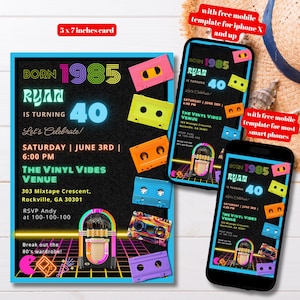 Modelo de convite para festa de aniversário de 40 anos editável de 1985, convite para aniversário dos anos 80 com fitas mistas para impressão, festa de aniversário de volta aos anos 80, festa de retorno