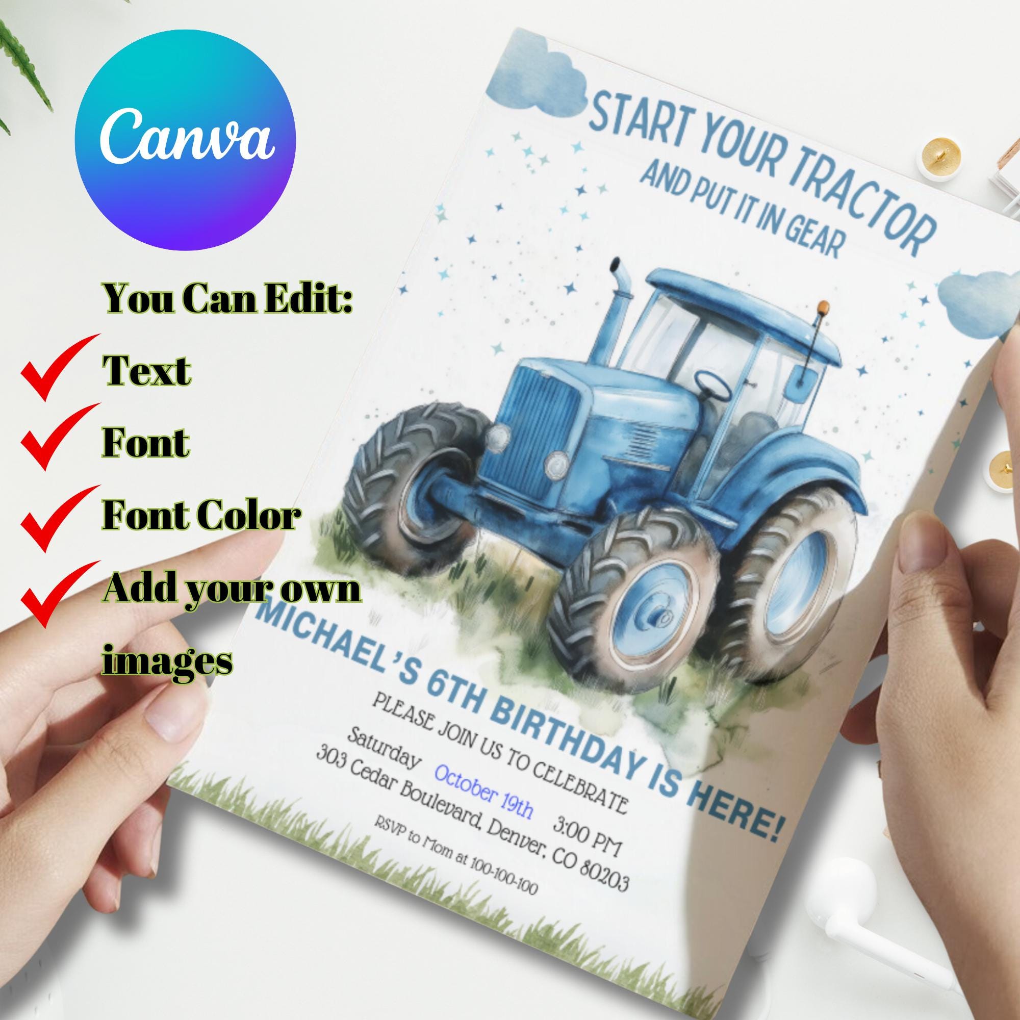 Tractor Birthday Party Invitation Editable Template, Blue Farm Tractor ...