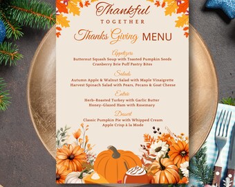 Modello di menu modificabile per la cena del Ringraziamento "Sii grato", menu del Ringraziamento "Grati insieme", menu stampabile per il Ringraziamento tra amici
