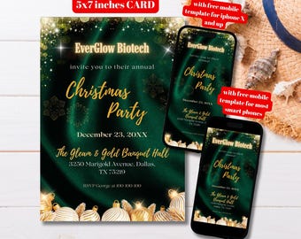 Editable Elegant Emerald Green and Gold Christmas Party Invitation Template, Printable Snowflakes Glitter Festive Holiday Mobile Evite