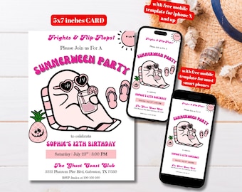 Editable Cute Pink Ghost Summerween Birthday Party Invitation Template, Printable Halloween in Summer Party Invite, Summerween Pool Party