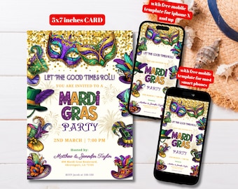 Vorlage für eine personalisierbare Einladung zur Karnevalsparty mit Karnevalshüten, druckbare Einladung zur Maskenball-Mardi-Gras-Party, digitale Feier am Faschingsdienstag