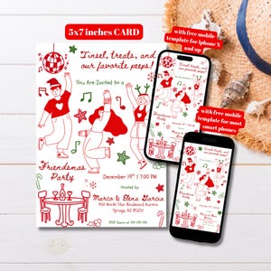 Editable Hand Drawn Friendsmas Party Invitation Template, Printable Scribble Christmas Invitation, Doodle Friendsmas Cocktail Party Invite