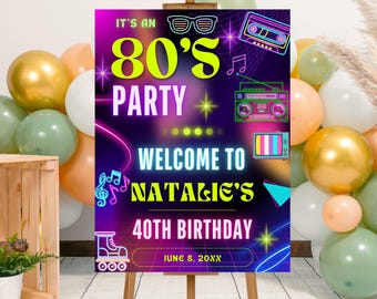 Editable Neon 80's Birthday Party Welcome Sign Template, Printable Back to the 80S Neon Party Welcome Poster, Back to the 80s Party Sign