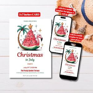 Bearbeitbare Wassermelone Weihnachten im Juli Party Einladung Vorlage, druckbare Wassermelone Weihnachtsbaum Einladung, Weihnachten Flamingo einladen