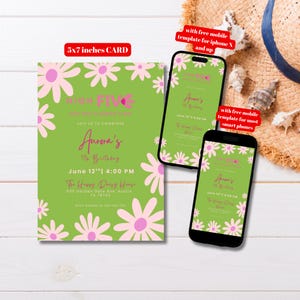 Editable High Five Daisy Birthday Invitation Template, Printable Green Pink Daisy Birthday Party Invitation, 5th Daisy Bday Invitation
