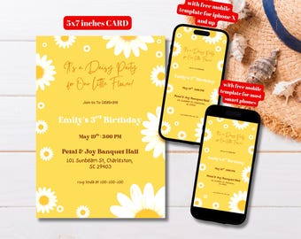 Editable Daisy Birthday Invite, Printable Yellow Daisy Birthday Party Invitations, Bright Yellow Floral Birthday Invitation for Girls Canva