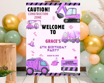 Plantilla editable de cartel de bienvenida para fiesta de cumpleaños de niña con temática de construcción, póster imprimible de construcción en acuarela morada, Canva Construction Bday