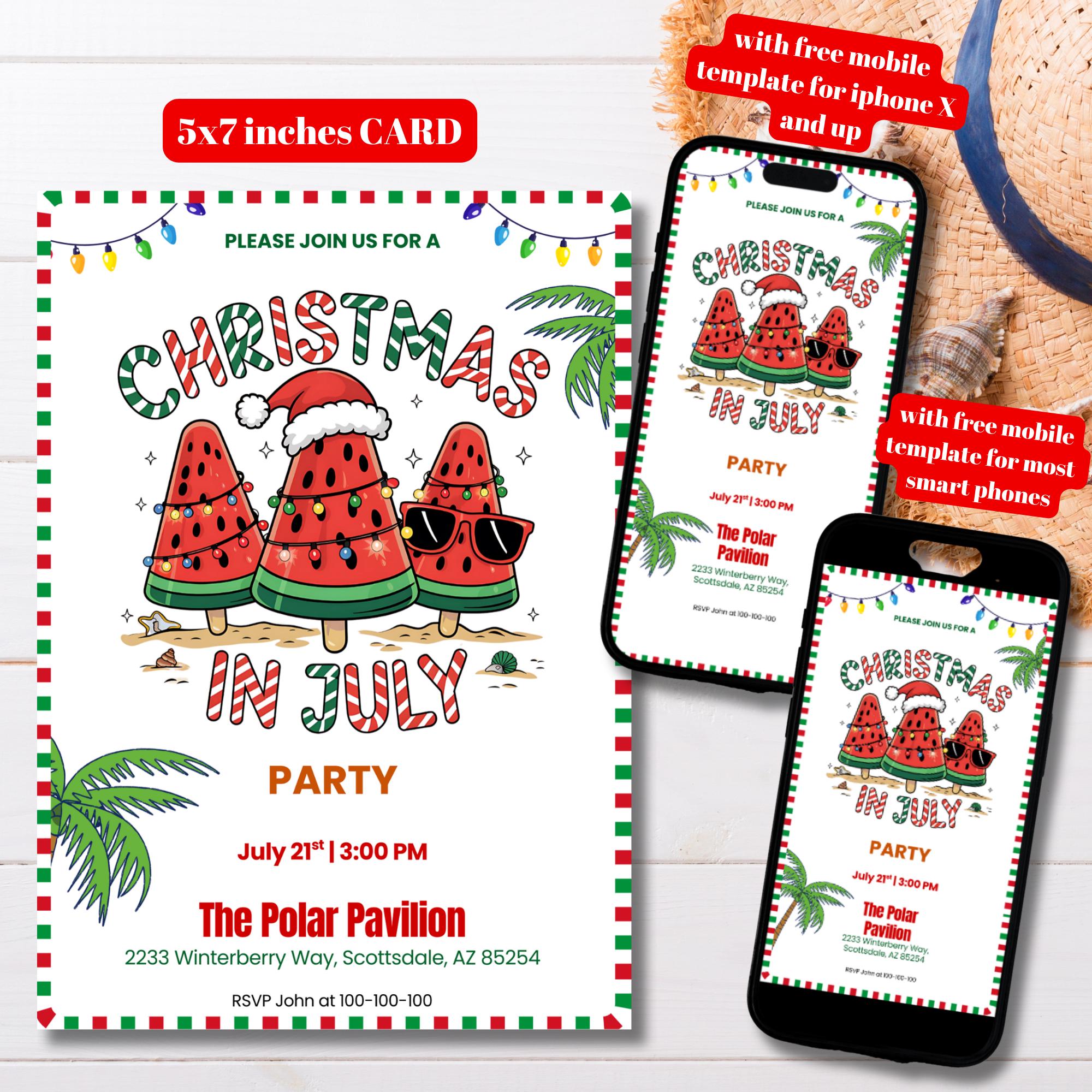Editable Watermelon Popsicles Christmas in July Party Invitation Template, Printable Christmas in July Invitation, Christmas Summer Party