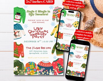 May include: A colourful invitation for an Ugly Christmas Sweater Party, measuring 12.7 x 17.8 cm. The card features various sweater designs and event details. Two smartphones display the invitation with mobile templates for iPhone and other phones.