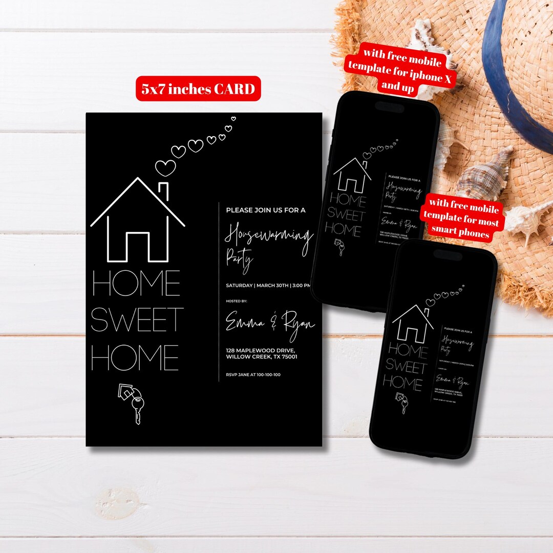 Housewarming Invitation Template Editable Black and White Simple ...