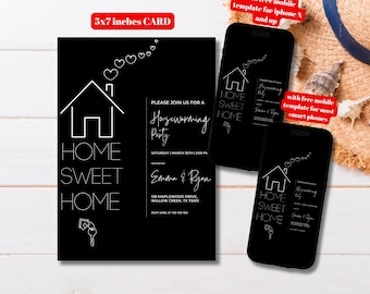 Mall för inflyttningsinbjudan, redigerbar svartvit, enkel inbjudan till inflyttningsfest, utskrivbar minimalistisk inflyttningsinbjudan, modern