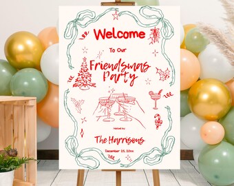 Redigerbar, nyckfull, handritad välkomstskylt för Friendsmas-fest, utskrivbar handskriven, klottrande välkomstaffisch för julmiddag