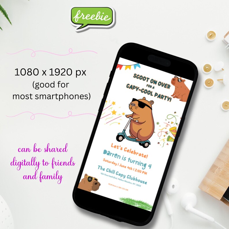 K&ouml;nnte beinhalten: Eine digitale Einladung zu einer Geburtstagsfeier mit einem Comic-Capybara, das eine Sonnenbrille tr&auml;gt und einen Roller f&auml;hrt. Der Text lautet "Scoot on over for a Capy-Cool Party!" und "Let's Celebrate! Darren is turning 4. Saturday 1 June 4th | 12:00 PM. The Chill Capy Clubhouse."