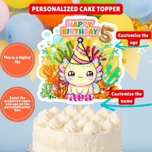 Axolotl Cake Topper Yellow Personalized, Custom Cute Axolotl Cake Topper Yellow, Printable Yellow Axolotl Cake Decoration, Axolotl Birthday