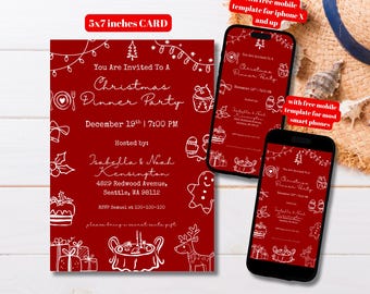 Editable Hand Drawn Christmas Dinner Party Invitation Template, Printable Scribble Christmas Invitation, Doodle Whimsical Holiday Invite