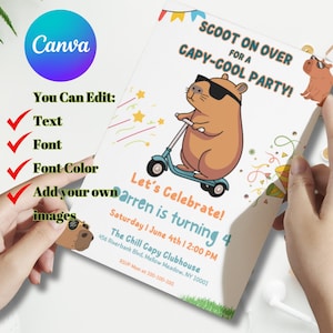 K&ouml;nnte beinhalten: Eine farbenfrohe Geburtstagseinladung mit einem Cartoon-Capybara, das eine Sonnenbrille tr&auml;gt und einen Roller f&auml;hrt. Der Text lautet "Scoot on over for a Capy-Cool Party!" und "Let's Celebrate! [Name] is turning 4".