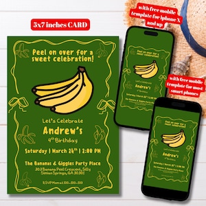 Editable Hand Drawn Banana Birthday Party Invitation Template, Printable Whimsical Illustration Fruit Theme Bday Invitation, Let's Go Banana