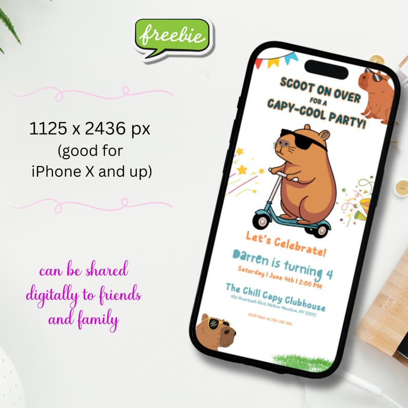K&ouml;nnte beinhalten: Eine digitale Einladung zu einer Geburtstagsfeier mit einem Comic-Capybara, das auf einem Roller f&auml;hrt. Die Einladung lautet "Scoot on over for a Capy-Cool Party!" und "Darren wird 4 Jahre alt". Die Party findet am 4. Juni um 12:00 Uhr im The Chill Capy Clubhouse statt.