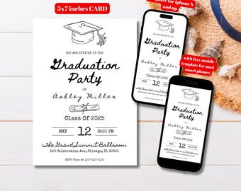 Plantilla de invitación para fiesta de graduación editable, invitación a fiesta de graduación con un toque caprichoso, estilo doodle, dibujada a mano.