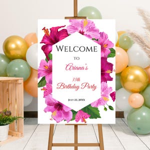 Plantilla editable de cartel de bienvenida para fiesta de cumpleaños con flores de verano, póster imprimible de flores de hibisco, cartel de fiesta con flores de hibisco tropical