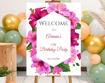 Editable Summer Floral Birthday Party Welcome Sign Template, Printable Hibiscus Flowers Birthday Poster, Tropical Hibiscus Floral Party Sign