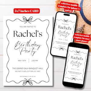 Editable Minimalist Coquette Bow Frame Birthday Party Invitation Template, Printable Black White Party Invite, Classy Black Bow Bday Invite