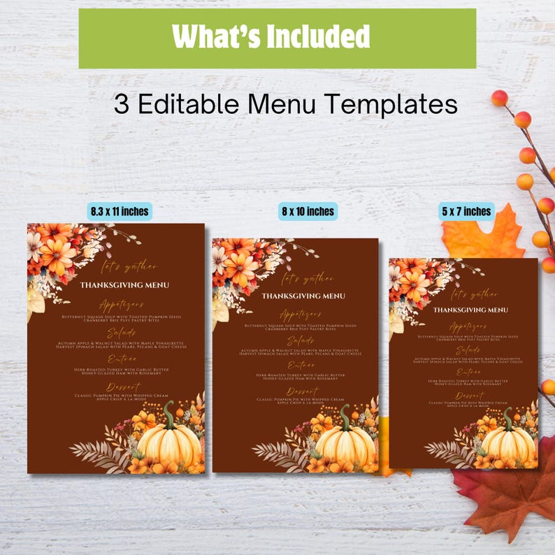 Editable Thanksgiving Menu Template, Printable Fall Dinner Card, Autumn