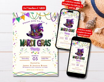 Invito per festa in maschera di Carnevale modificabile, invito stampabile per festa di Carnevale, invito digitale per Carnevale, perline per Carnevale