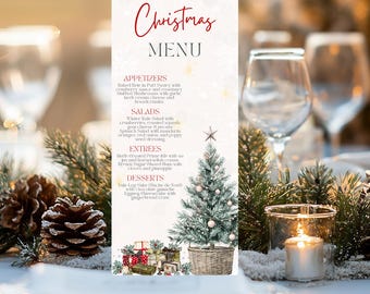 Editable Christmas Dinner Menu Template, Printable Christmas Tree Holiday Party Menu Card, Xmas Food Menu, Christmas Party Menu, 4x9 menu