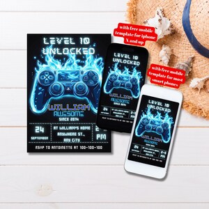 編集可能な青いビデオゲーム誕生日パーティー招待状、印刷可能なゲーマー誕生日招待状、ゲーム招待状テンプレート、レベルアンロック誕生日パーティー招待状
